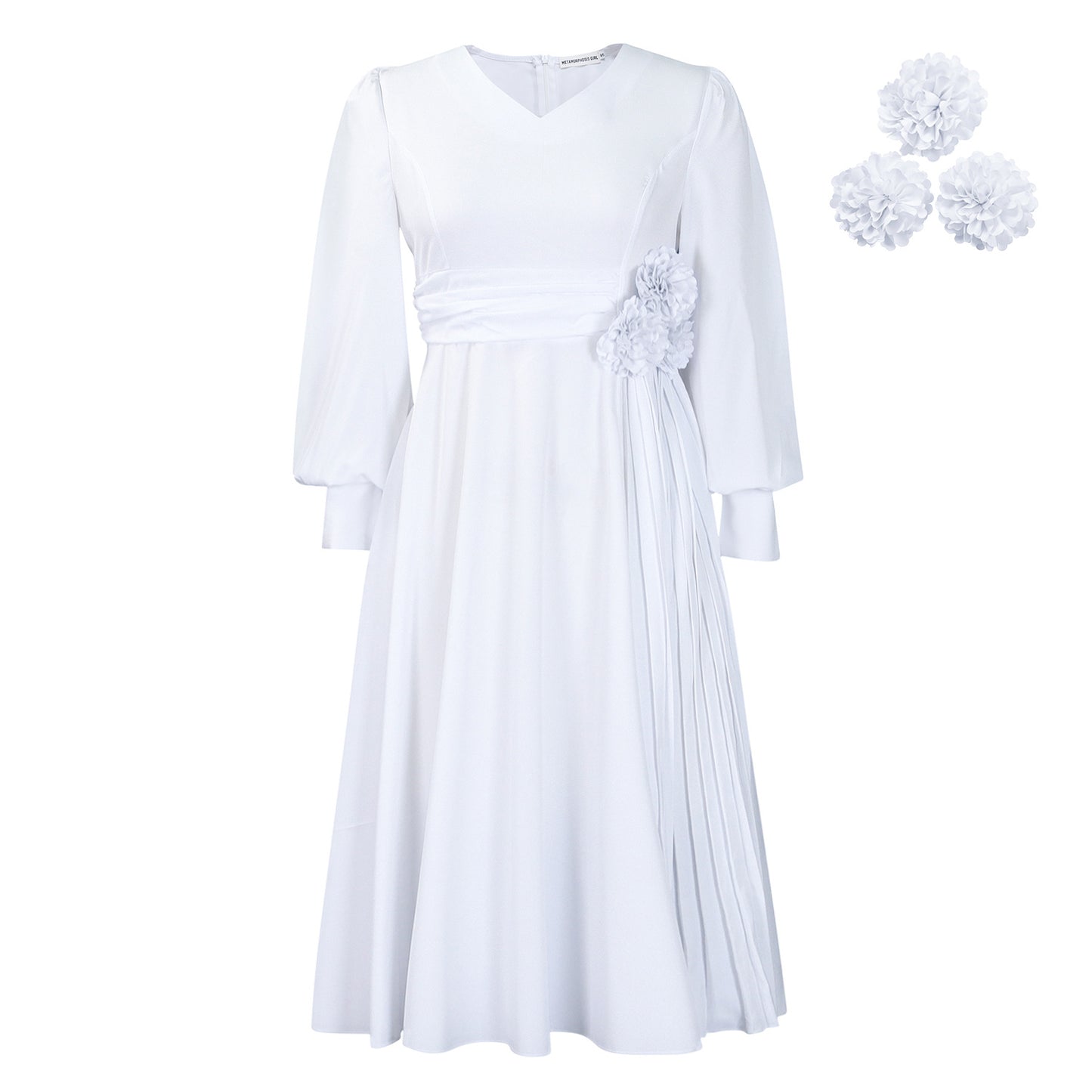 Damen elegantes Kleid mit dekorativem Blumenakzent und Faltenwurf Stalluxe