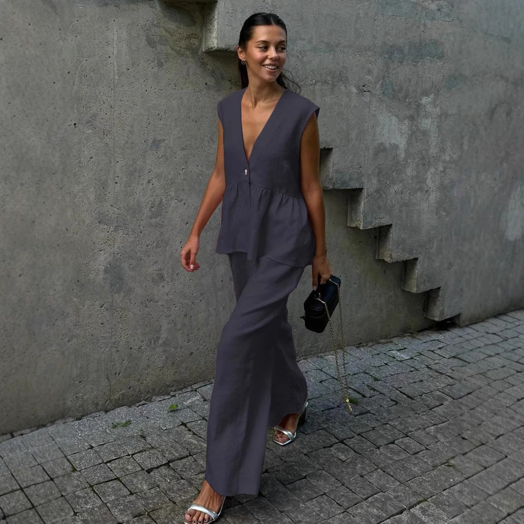 Damen luftige Leinenbluse und weite Hose Stalluxe