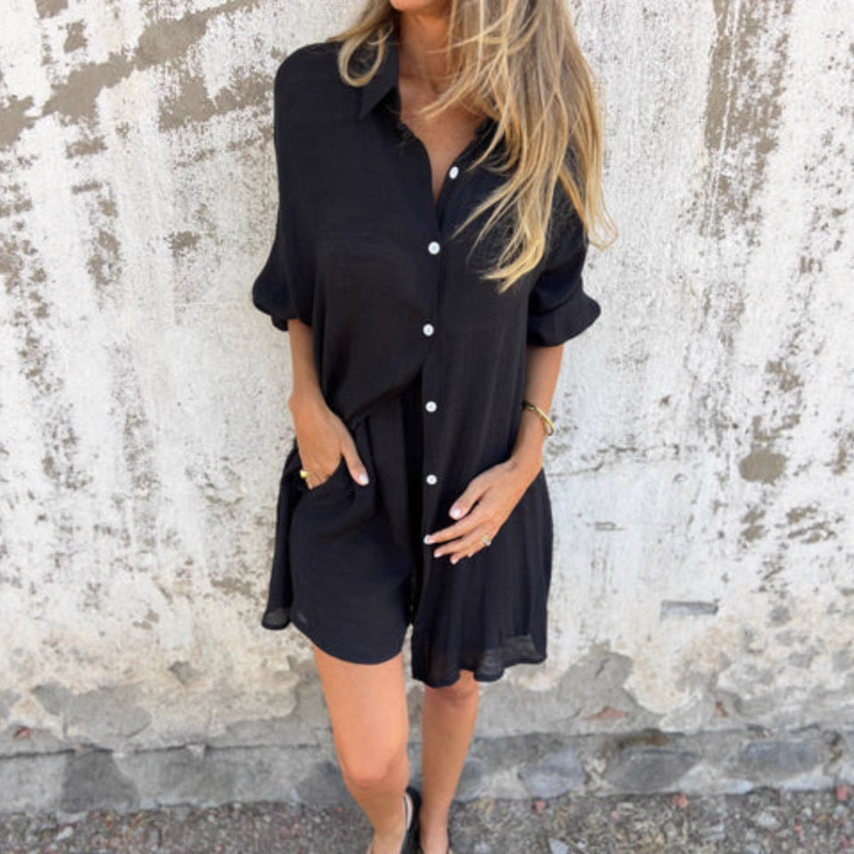 Damen Leinenhemdkleid im lässigen Stil mit langen Ärmeln Stalluxe