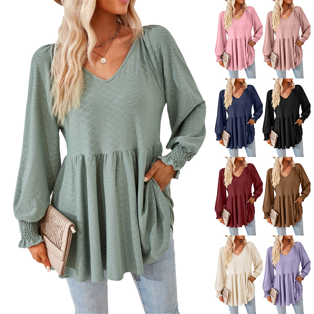 Damen lässiges V-Ausschnitt Blusenshirt mit Rüschen und Taschen Stalluxe