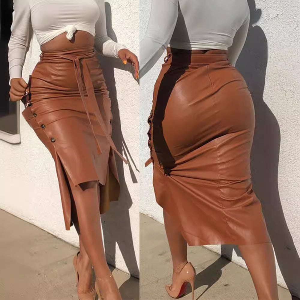 Damen Kunstlederrock mit Knopfdetails und seitlichem Schlitz Stalluxe
