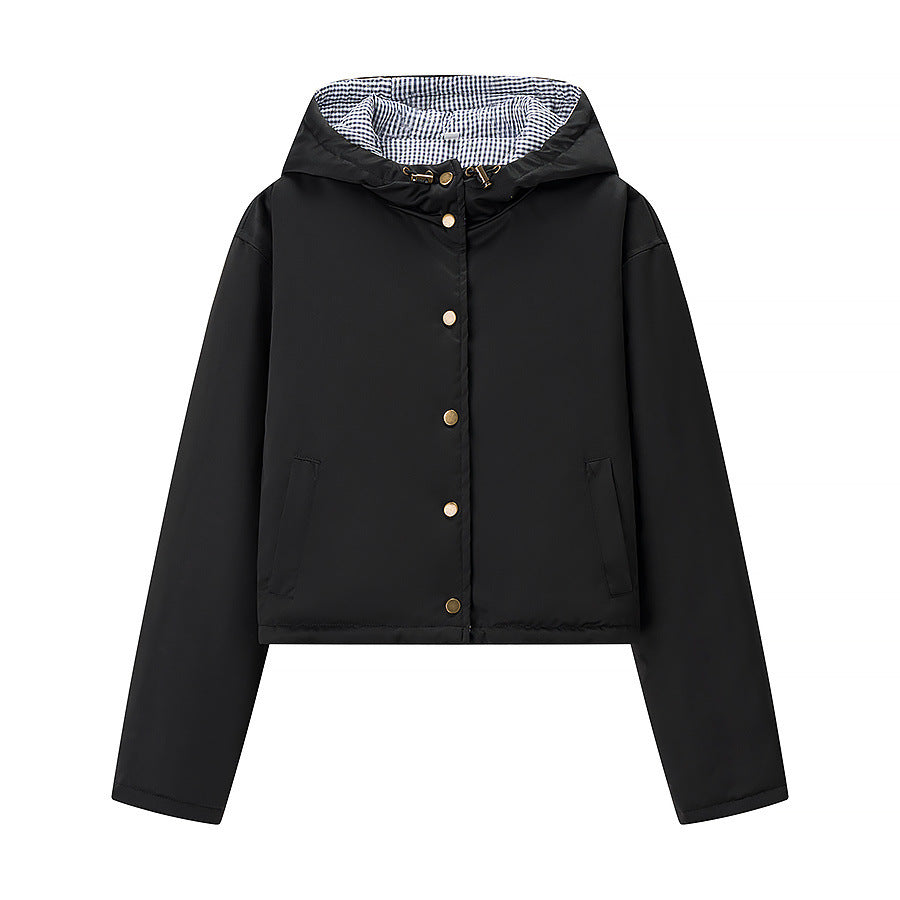 Damen stylische Übergangsjacke mit Kapuze und Druckknopfverschluss Stalluxe