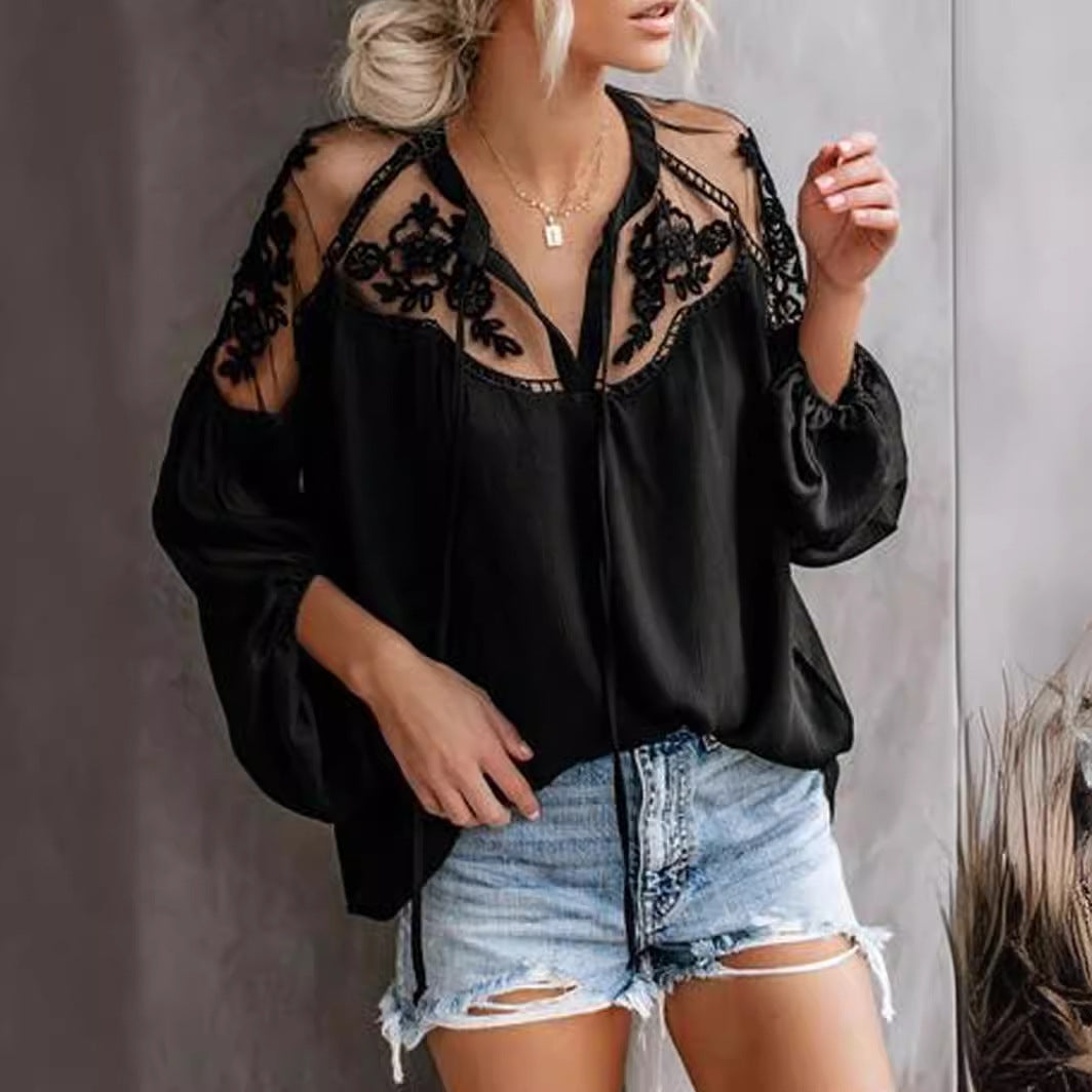 Damen elegante Bluse mit floralem Spitzenbesatz Stalluxe