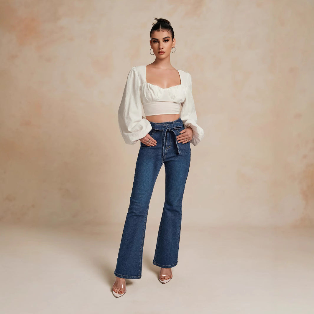 Damen Hohe Taille Jeans mit lässigem Schlag und dekorativem Bund Stalluxe