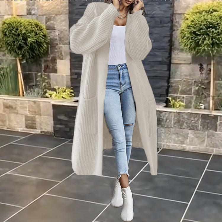 Damen Langer Strickmantel mit grober Rippenstruktur und praktischen Taschen Stalluxe