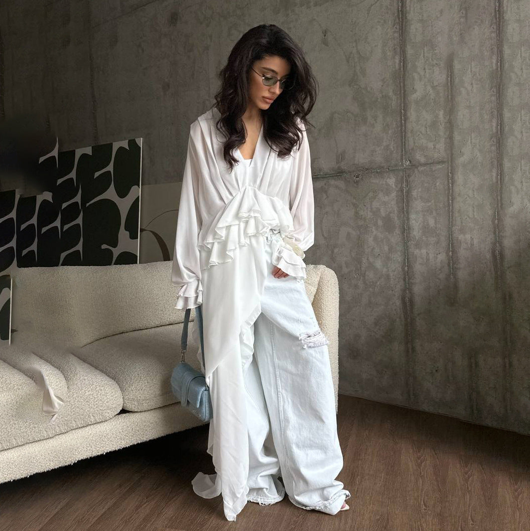 Damen Elegantes, fließendes Maxikleid mit weitem Schnitt und Rüschendetails Stalluxe