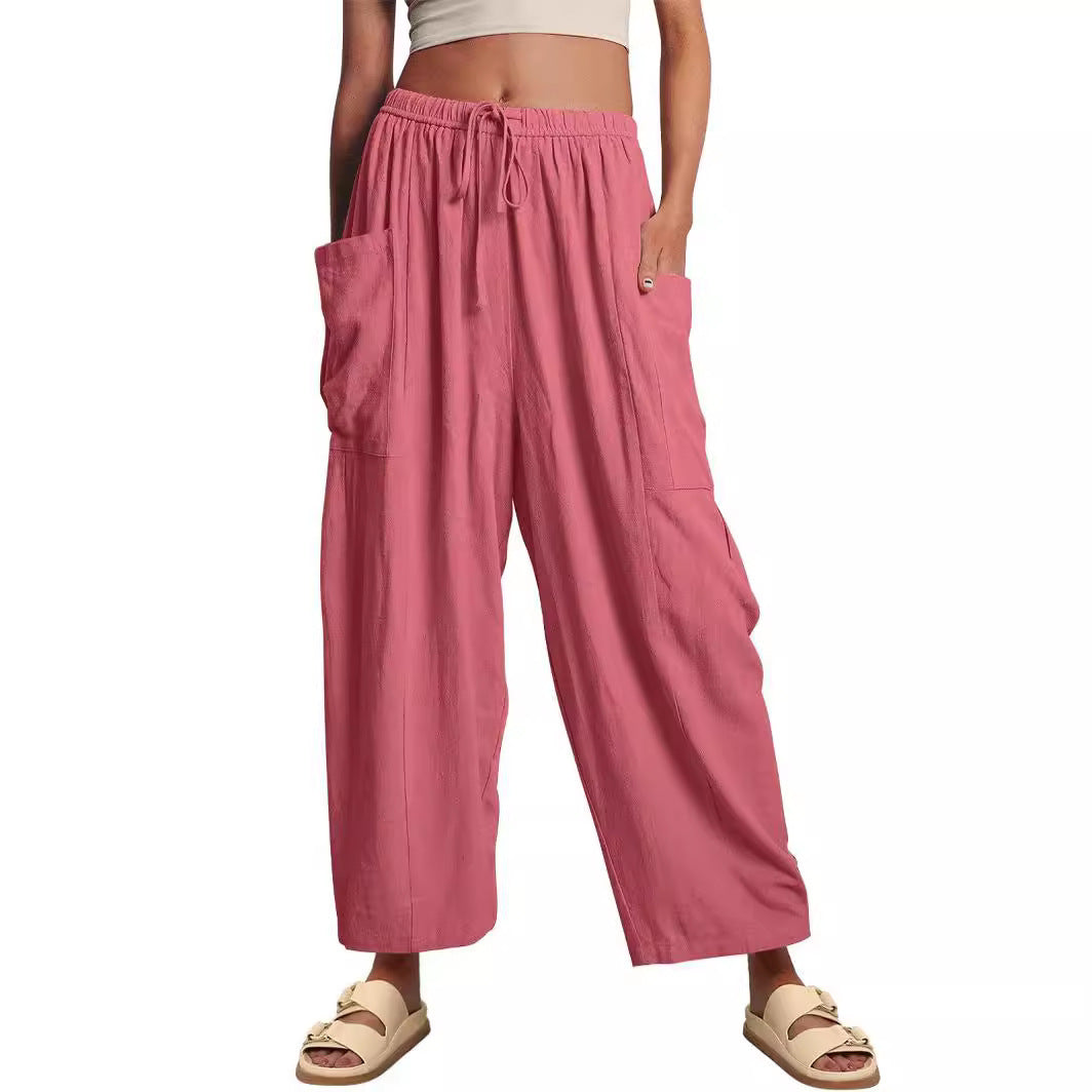 Damen lässige weit geschnittene Leinenhose mit praktischen Taschen und elastischem Bund Stalluxe