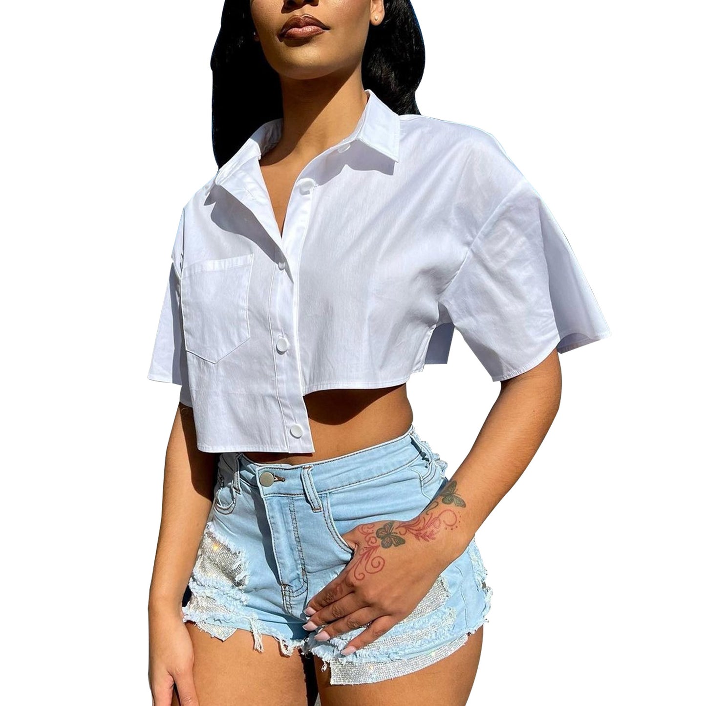 Damen Kurzarm Bluse im lässigen Schnitt mit aufgesetzter Tasche Stalluxe