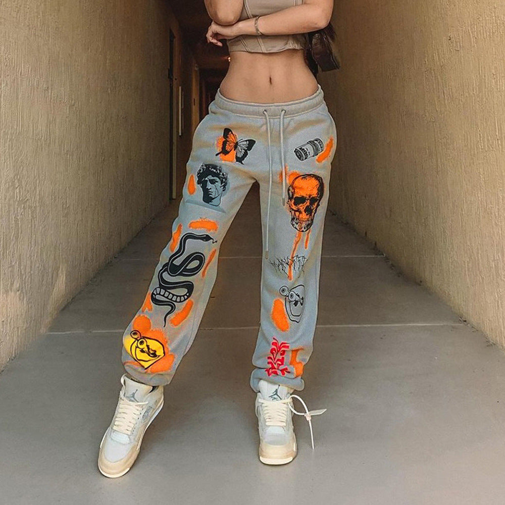 Damen modische Freizeithose mit auffälligen Grafiken und elastischem Bund Stalluxe