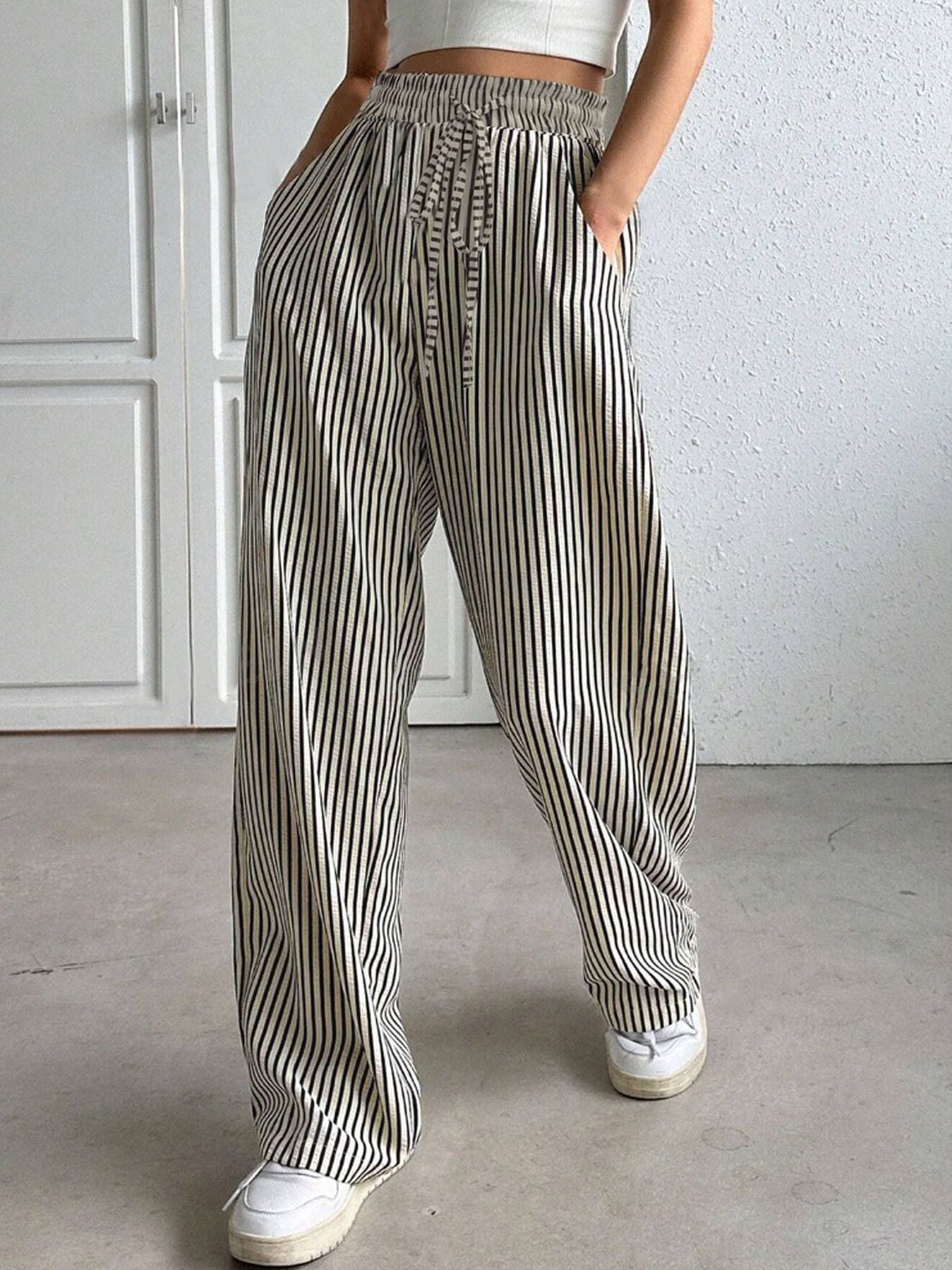 Damen Weite Streifenhose mit elastischem Bund und praktischen Taschen Stalluxe