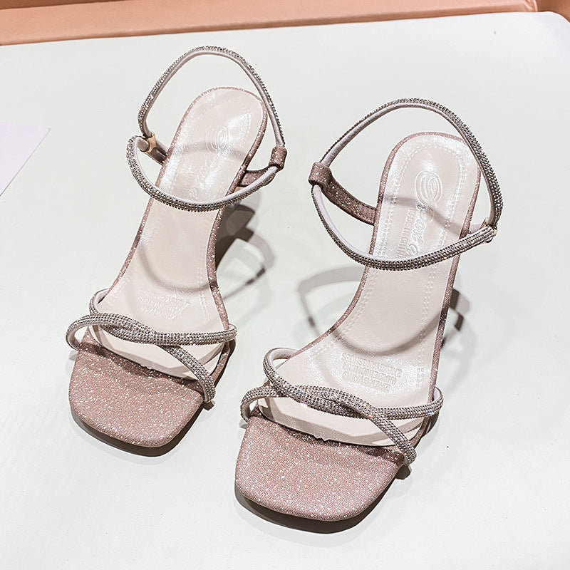Damen elegante Glitzer-Sandalen mit doppelten Riemen und Blockabsatz Stalluxe