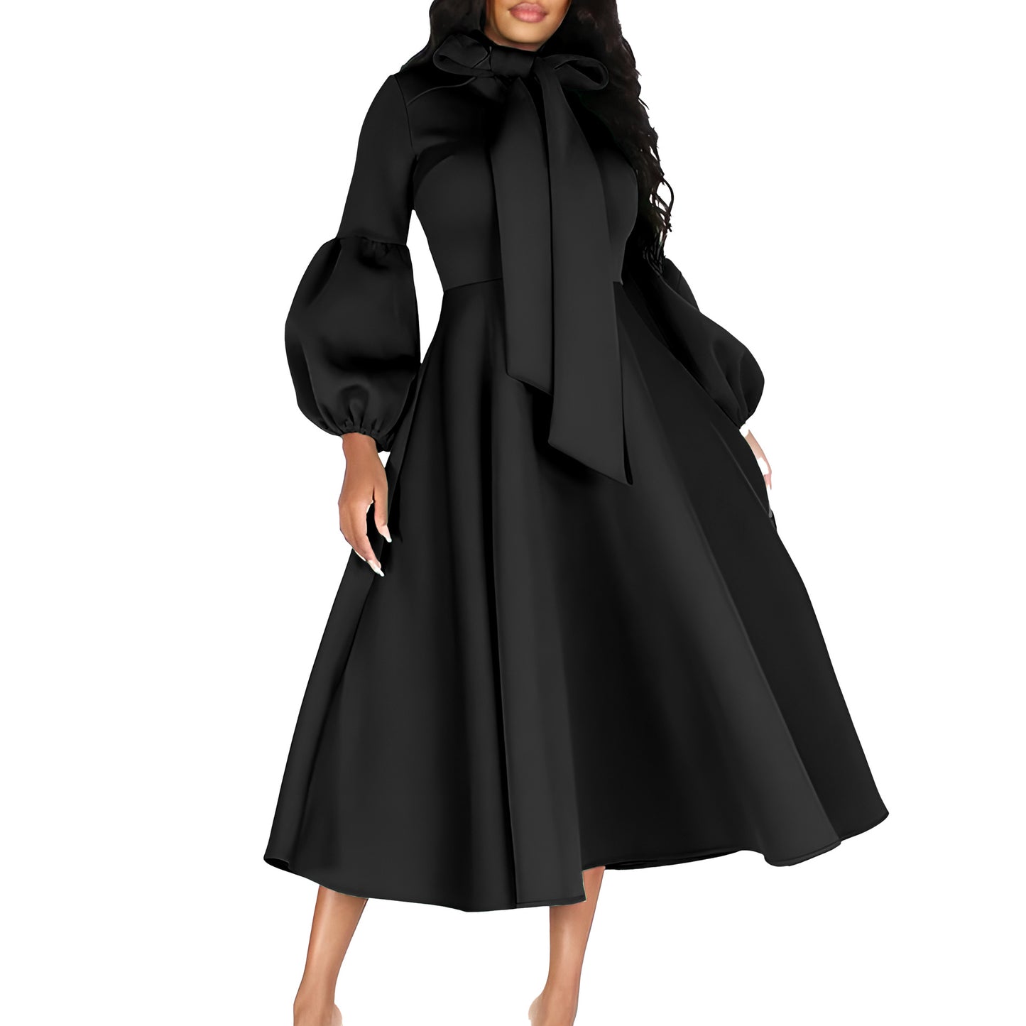 Damen Midikleid mit eleganten Schleifenärmeln und schwingendem Rock Stalluxe