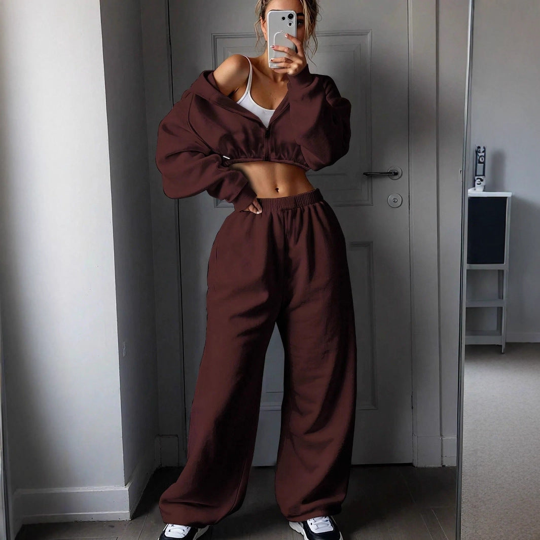 Damen lässiger cropped Kapuzenpullover und weite Jogginghose Set Stalluxe