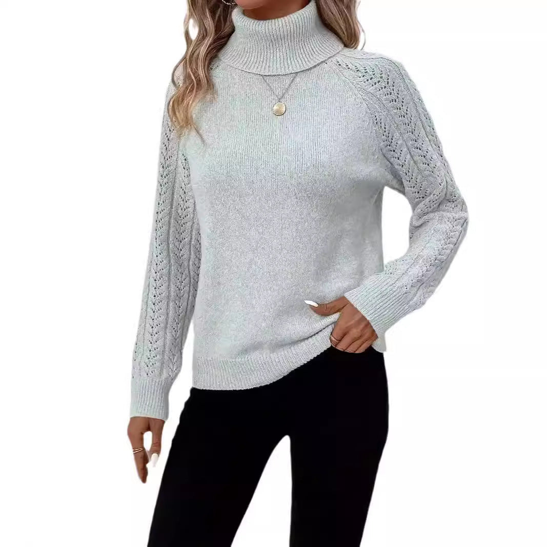 Damen Strickpullover mit hohem Kragen und filigranem Lochmuster Stalluxe