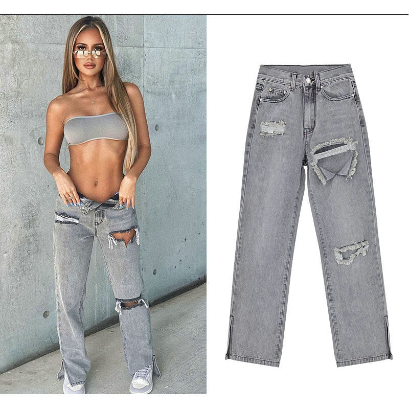 Damen lässige Ripped Jeans mit hoher Taille und modernen Fransen Stalluxe