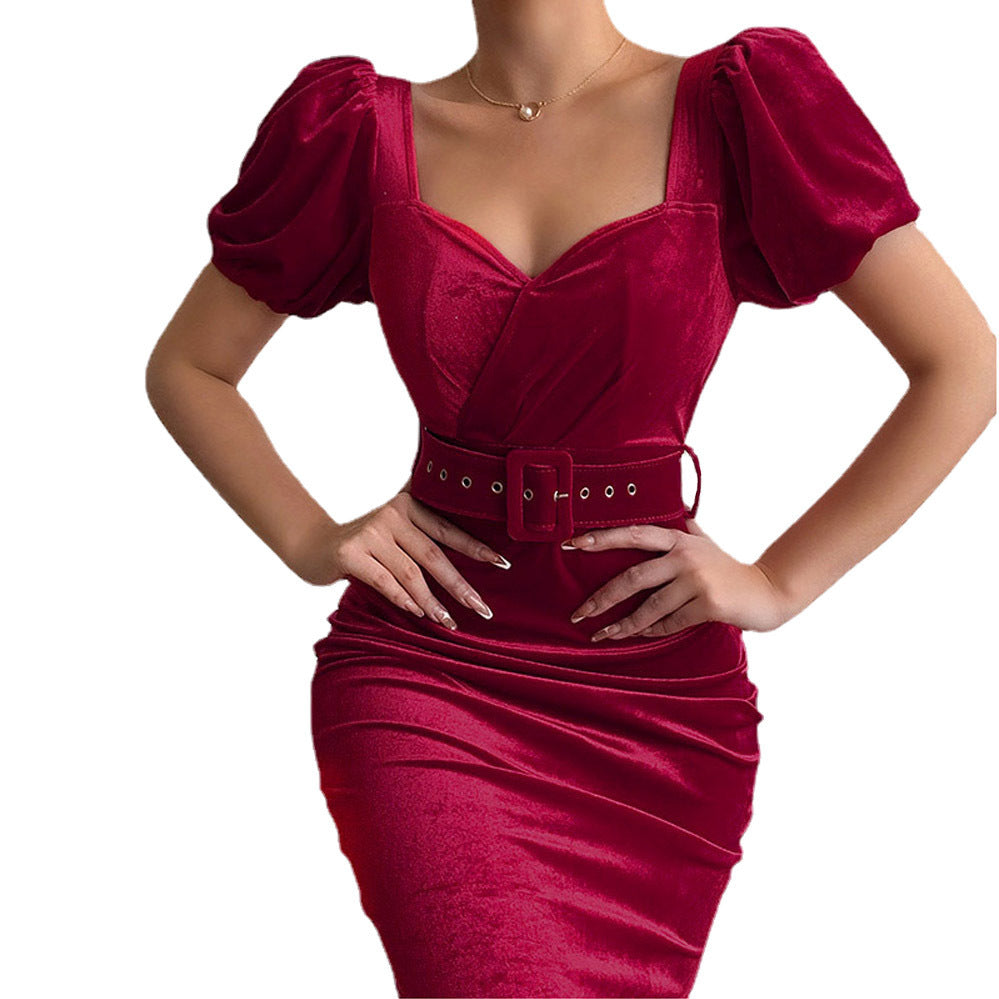 Damen figurbetontes Abendkleid mit Puffärmeln und Taillengürtel Stalluxe