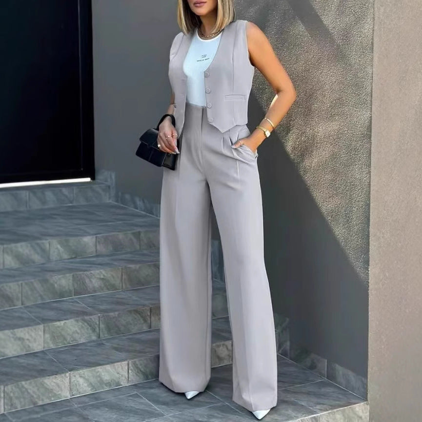 Damen Elegantes Hosenanzug-Set mit ärmellosem Blazer und weitem Schnitt Stalluxe