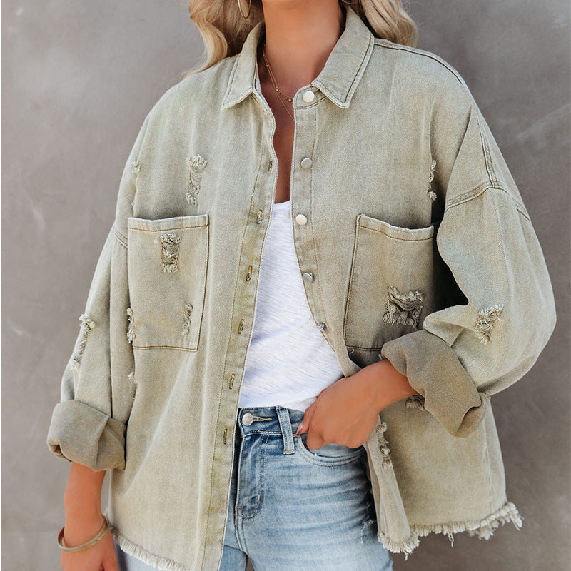 Damen Oversized Denim-Bluse mit Fransen Stalluxe