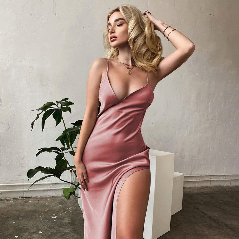 Damen elegantes Maxikleid mit tiefem Schlitz und zarten Spaghettiträgern Stalluxe
