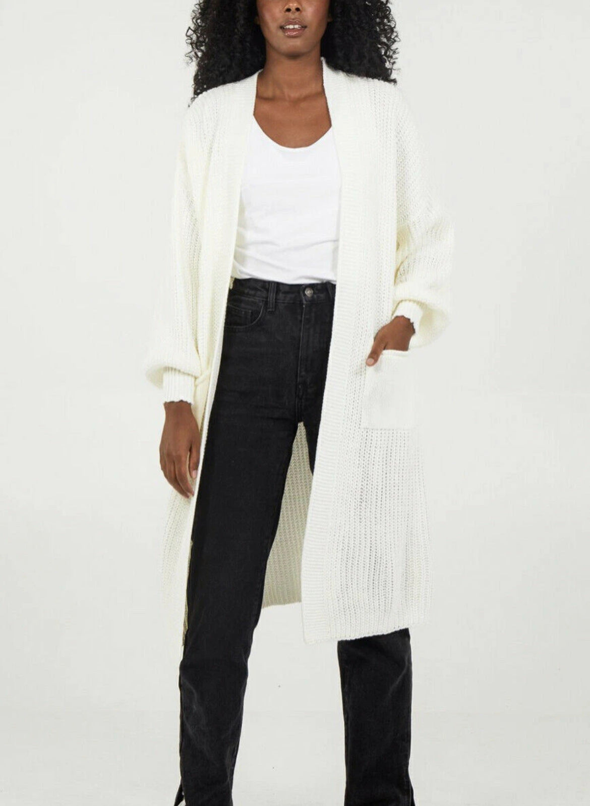 Damen Langer Strickcardigan mit voluminösen Ärmeln und offenem Schnitt Stalluxe