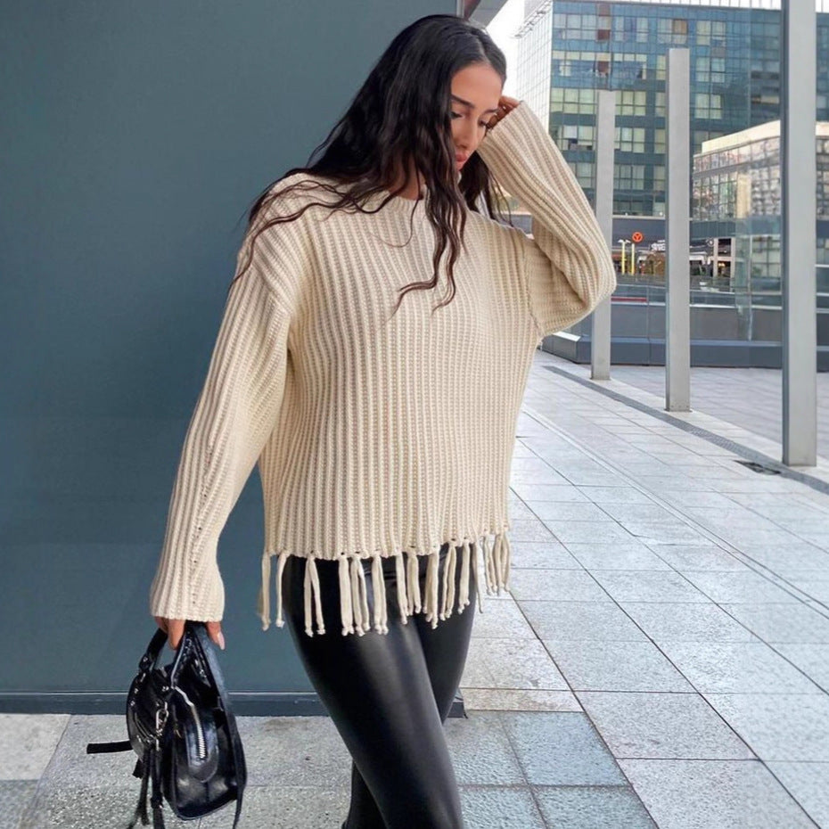 Damen lässiger Strickpullover mit Fransen Stalluxe