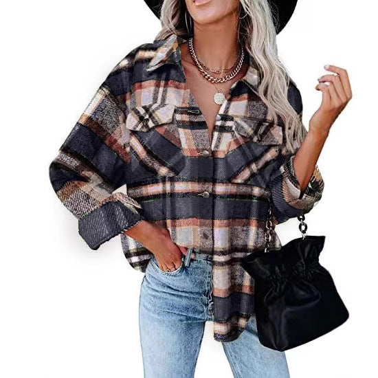 Damen Karierter Overshirt mit Knöpfen und Brusttaschen Stalluxe