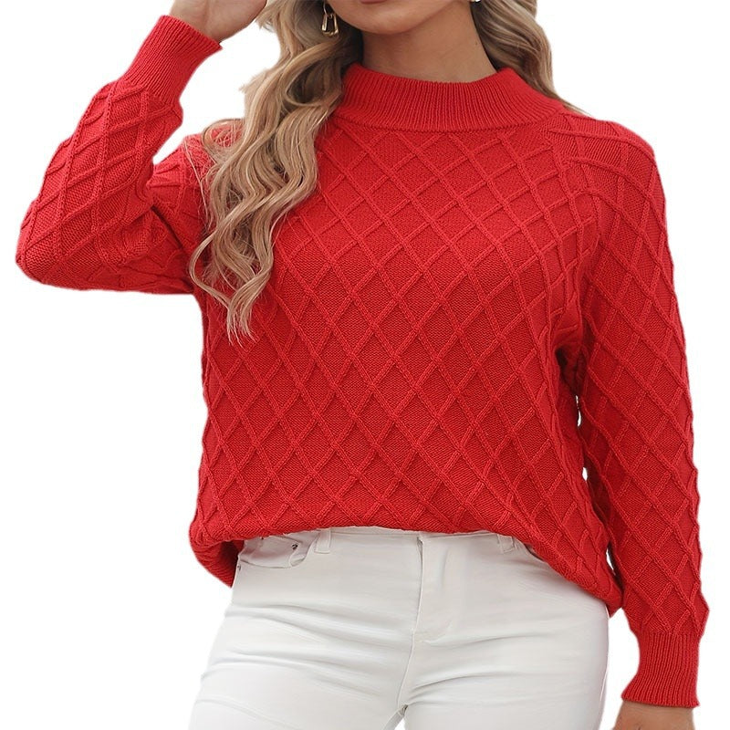 Damen Grobstrickpullover mit trendigem Rautenmuster und hohem Kragen Stalluxe