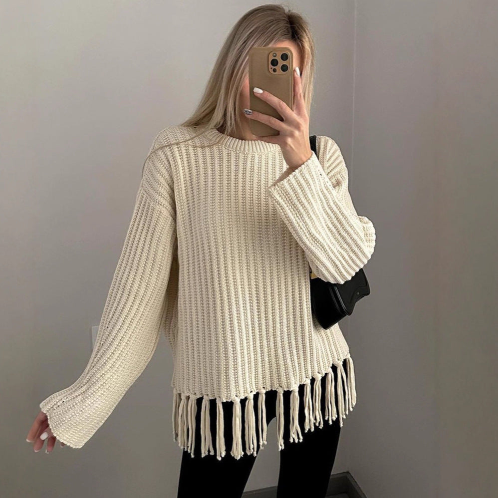 Damen lässiger Strickpullover mit Fransen Stalluxe