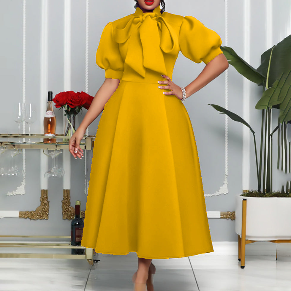 Damen elegante Maxikleid mit voluminösen Puffärmeln und Schleifenkragen Stalluxe