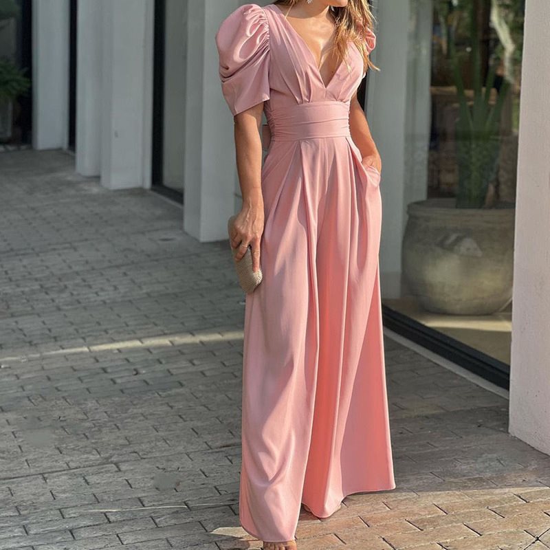 Damen elegantes Maxikleid mit Puffärmeln und tiefem V-Ausschnitt Stalluxe