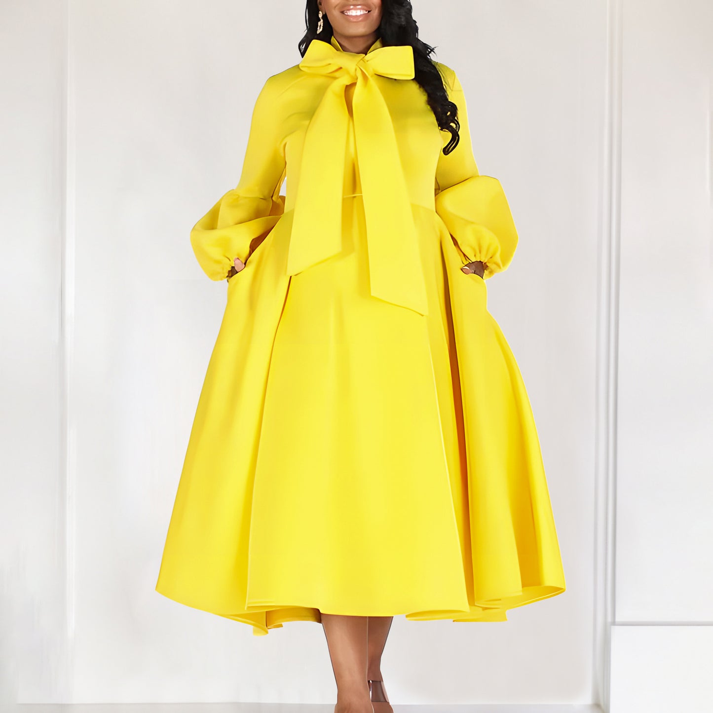 Damen Midikleid mit eleganten Schleifenärmeln und schwingendem Rock Stalluxe