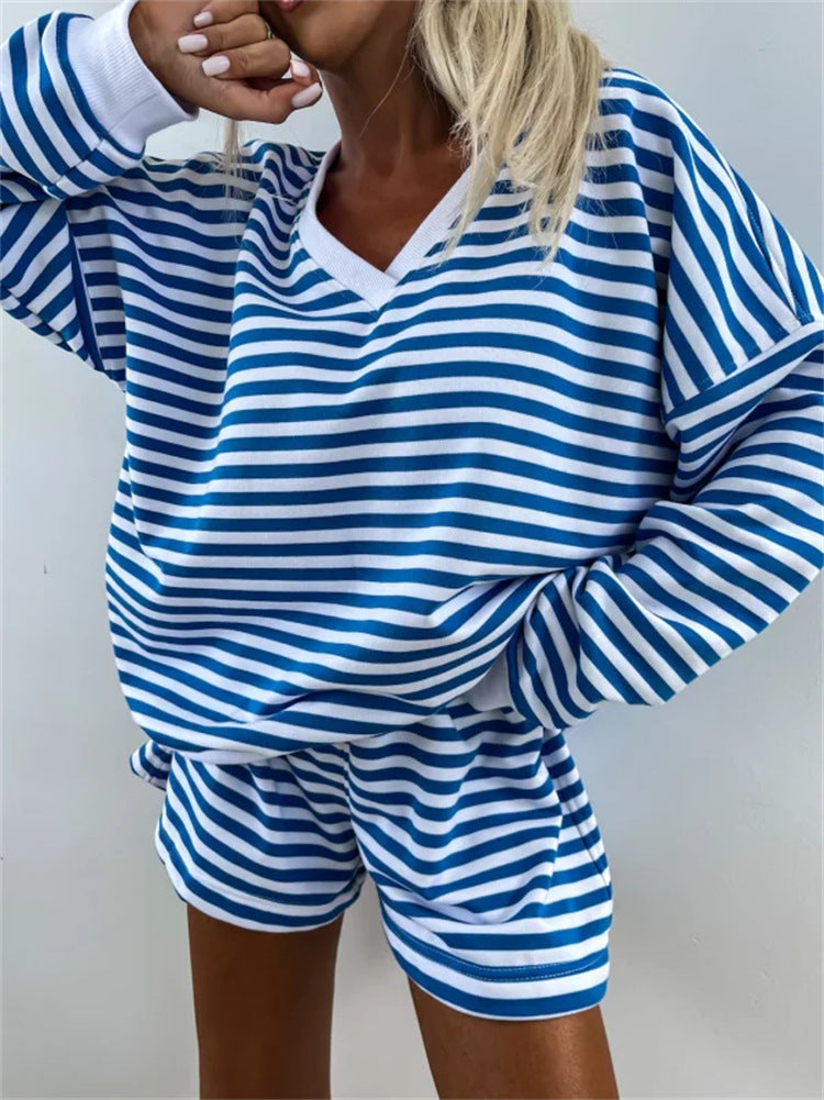 Damen lässiges V-Ausschnitt Sweatshirt und kurze Sporthosen Set Stalluxe