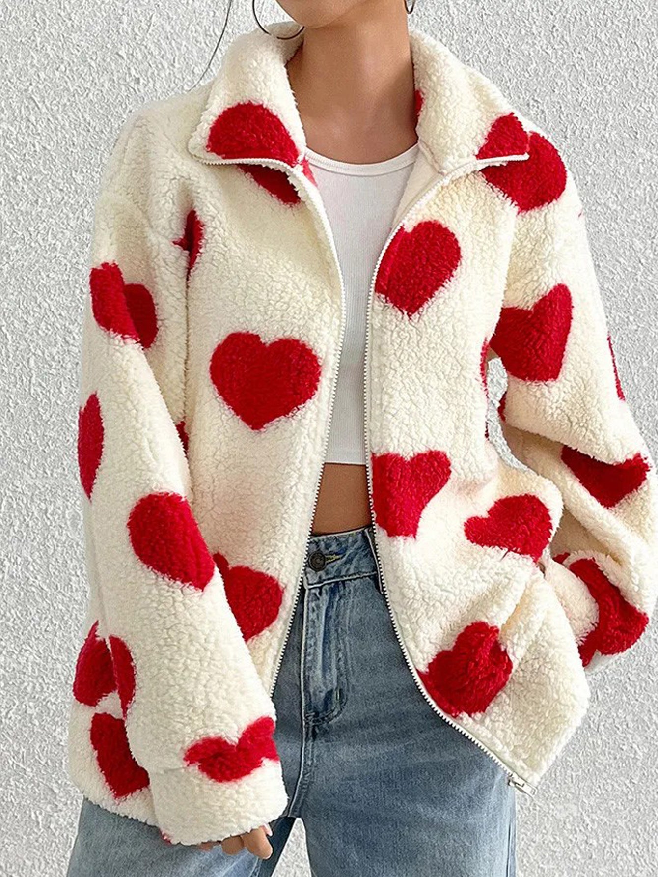 Damen kuschelige Fleecejacke mit herzförmigem Muster und hohem Kragen Stalluxe