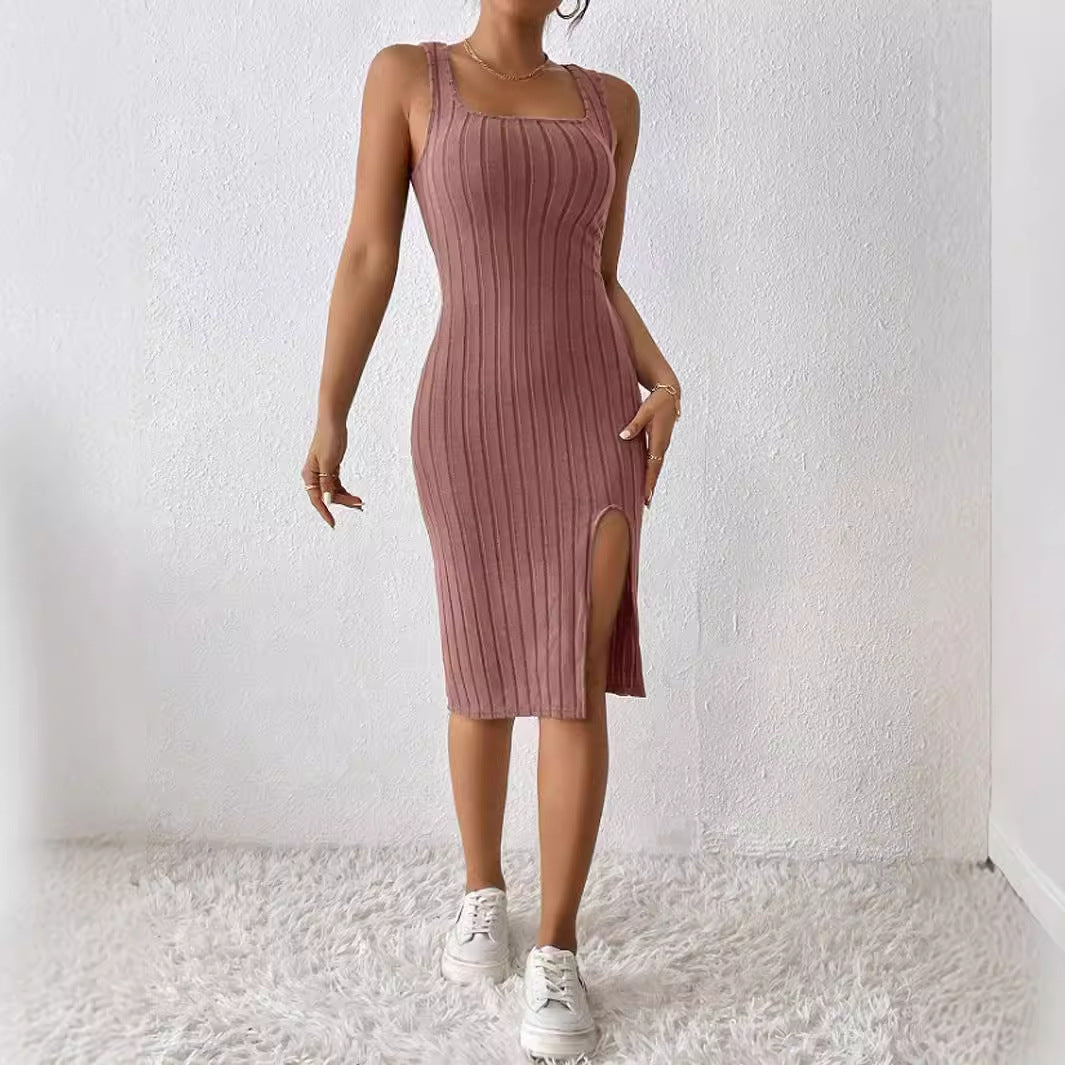 Damen Körperbetontes Rippkleid mit seitlichem Schlitz und Quadrat-Ausschnitt Stalluxe