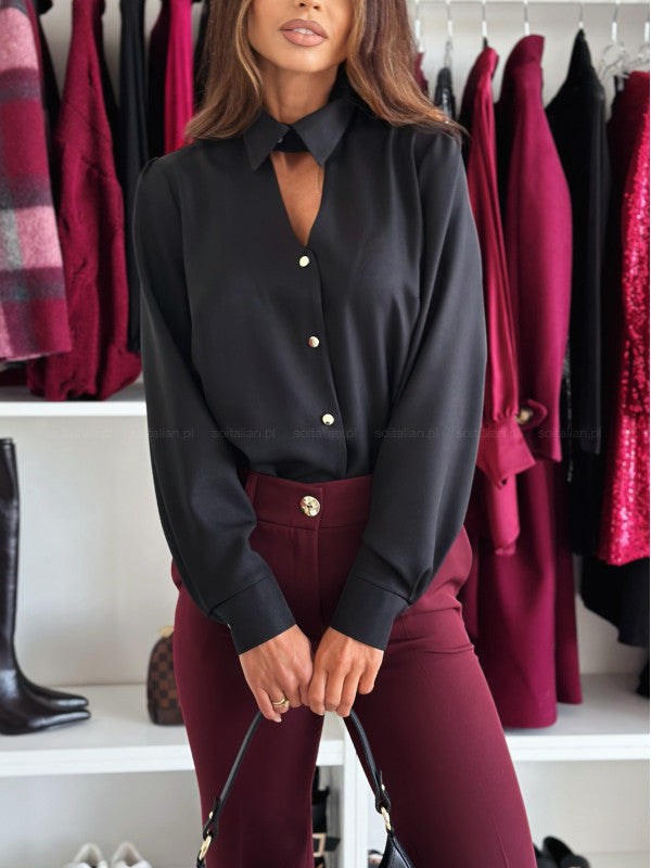 Damen elegante Chiffonbluse mit dekorativen Knöpfen und Stehkragen Stalluxe