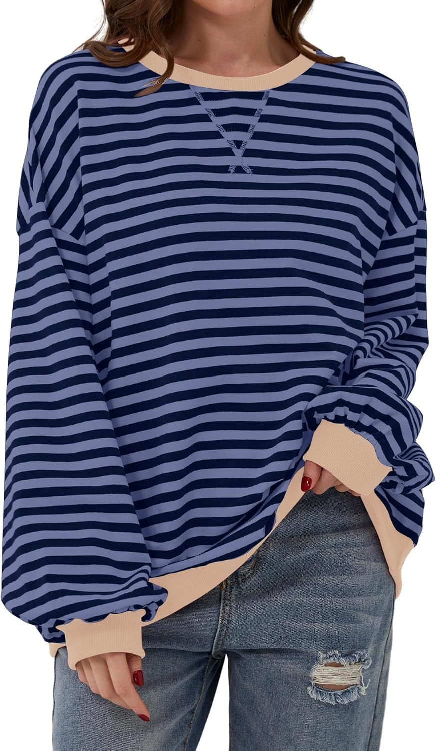 Damen lässiger Sweater mit auffälligem Streifenmuster und elastischen Bündchen Stalluxe