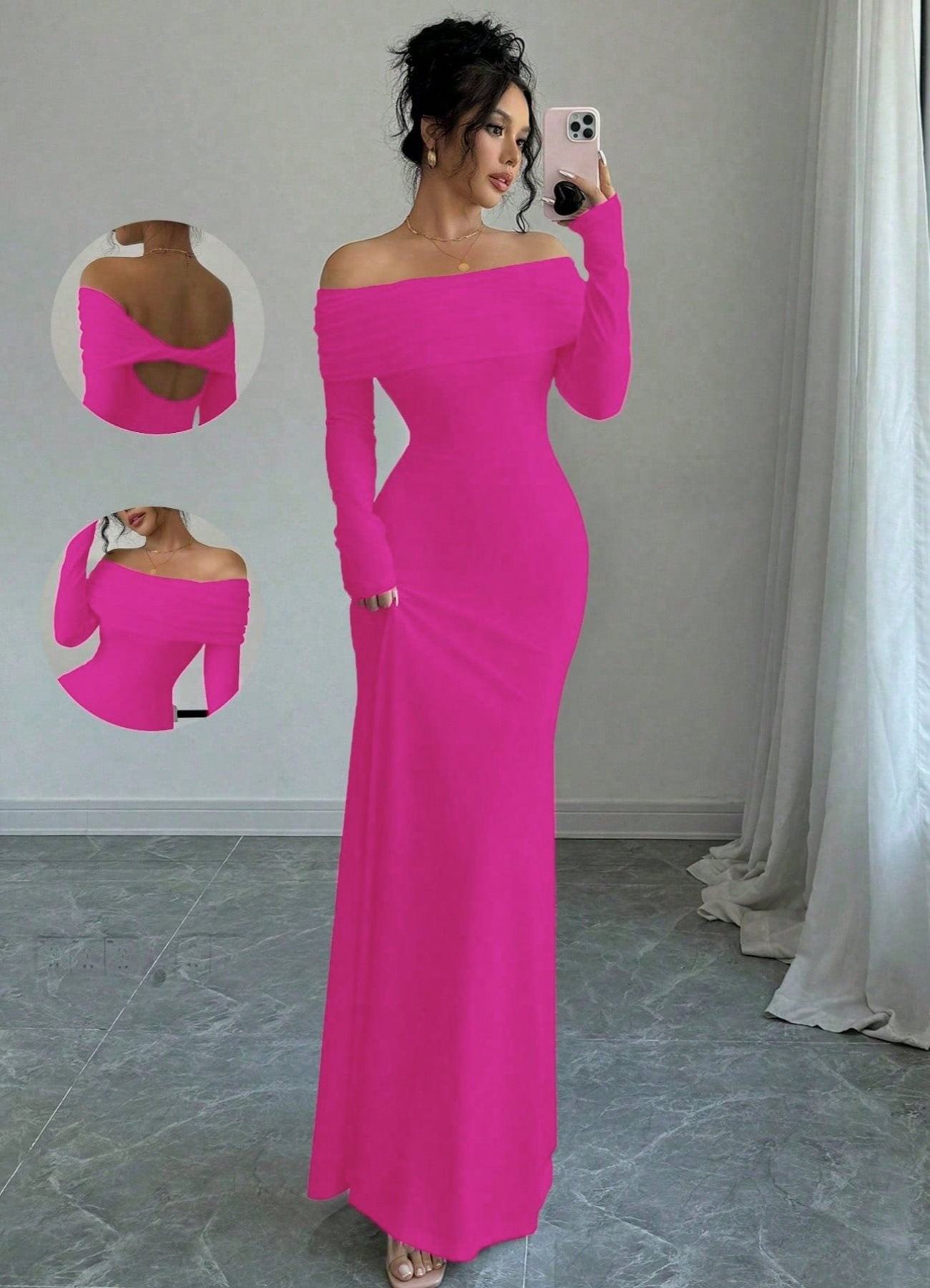 Damen elegantes Schulterfreies Langarm-Maxi-Kleid mit raffinierten Rückendetails Stalluxe