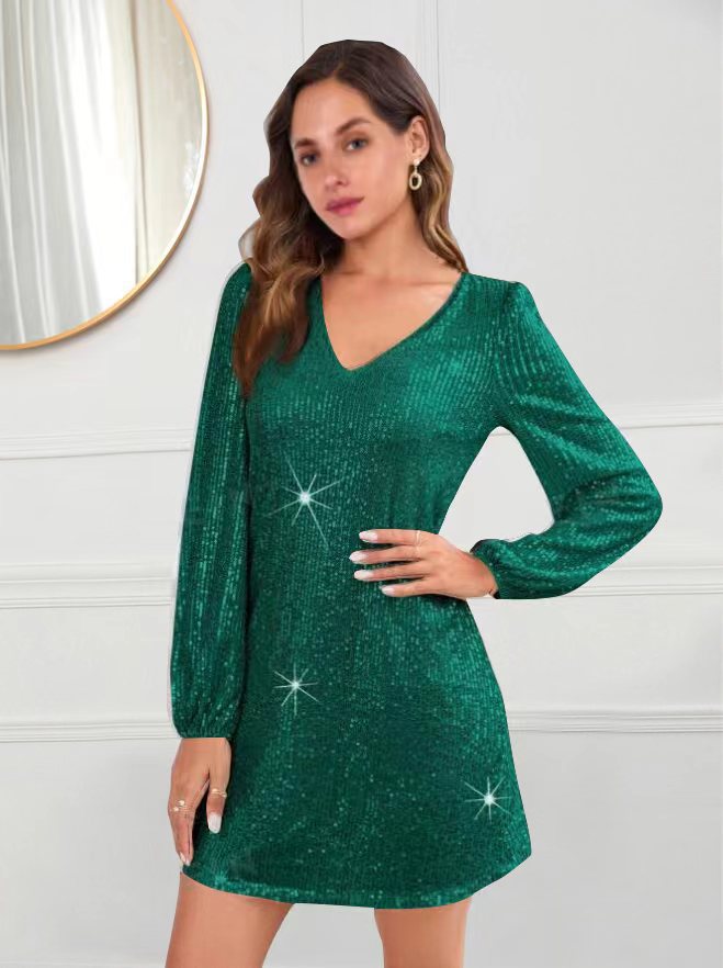 Damen Glitzerndes Minikleid mit V-Ausschnitt und langen Ärmeln Stalluxe
