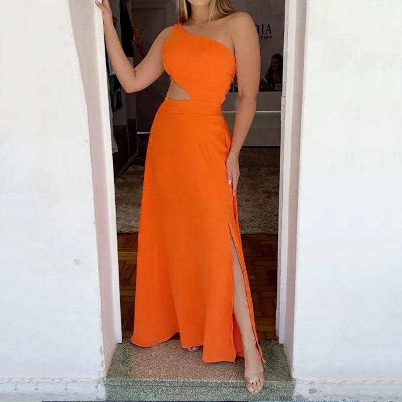 Damen Maxikleid mit asymmetrischem Ausschnitt und seitlichen Schlitzen Stalluxe
