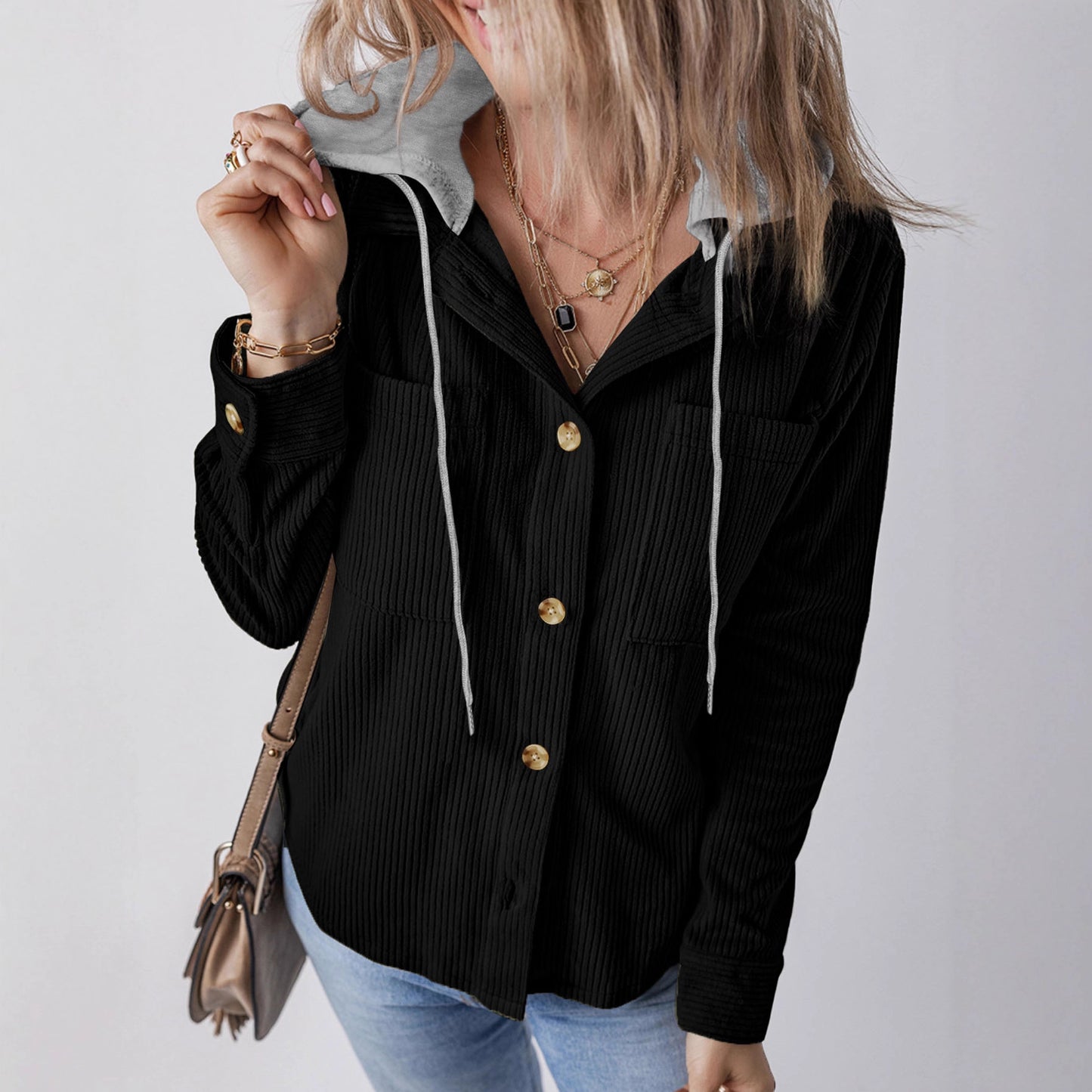 Damen Cargo-Hemdjacke mit Kapuze und modischem Rippstrickdesign Stalluxe