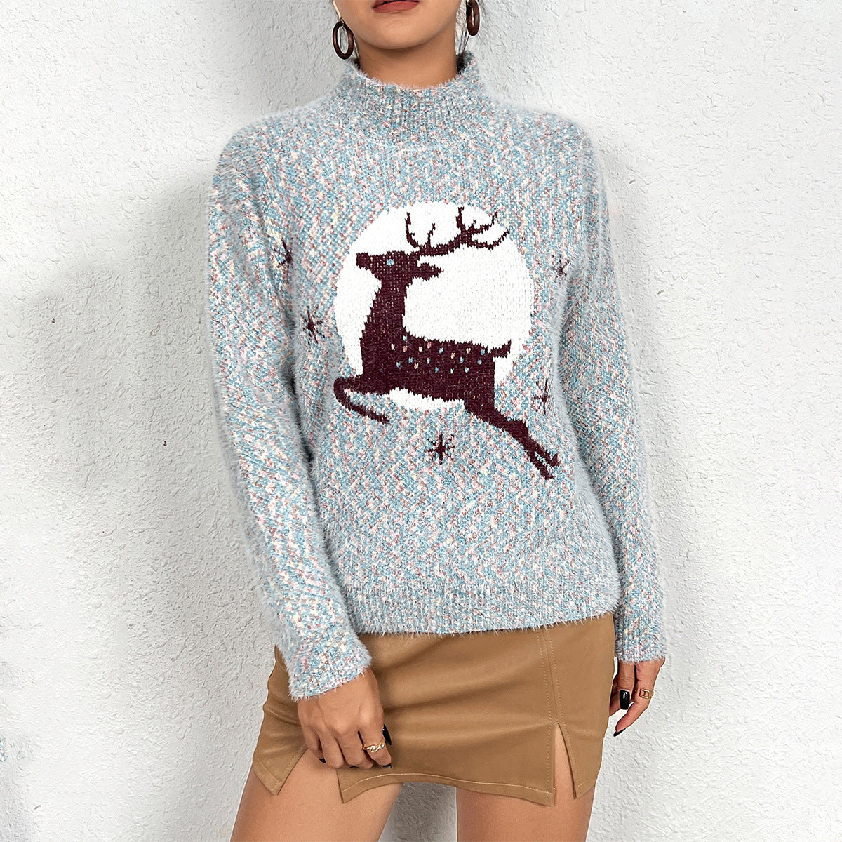 Damen Strickpullover mit festlichem Rentiermotiv und hochgeschlossenem Kragen Stalluxe