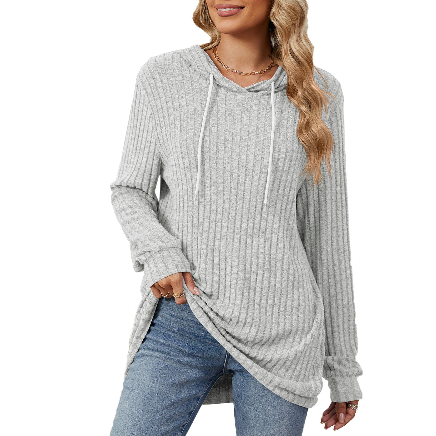 Damen lässiger Longsleeve Hoodie mit Rippstruktur und seitlichen Schlitzen Stalluxe