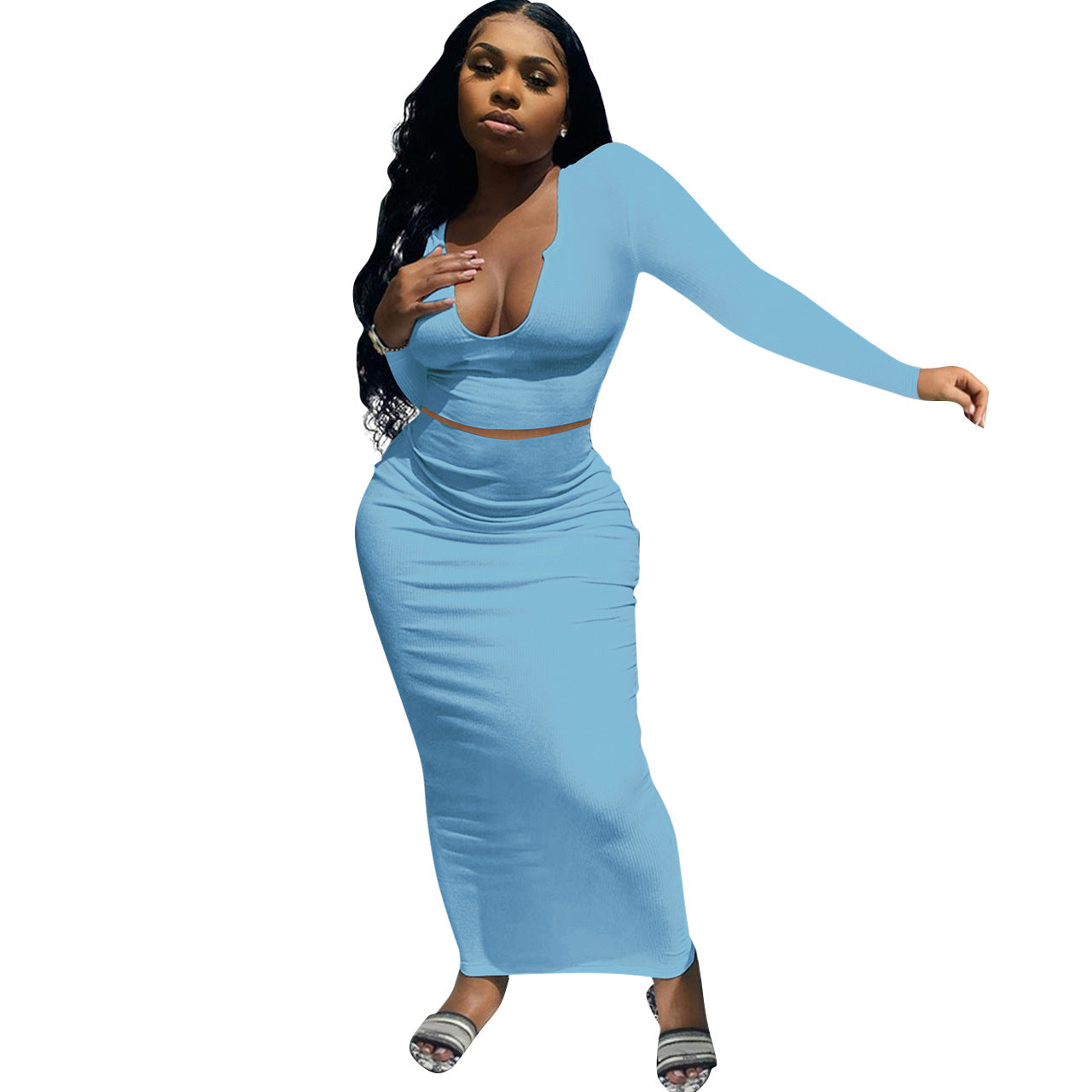 Damen Figurbetontes Maxikleid mit langem Arm und tiefem V-Ausschnitt Stalluxe