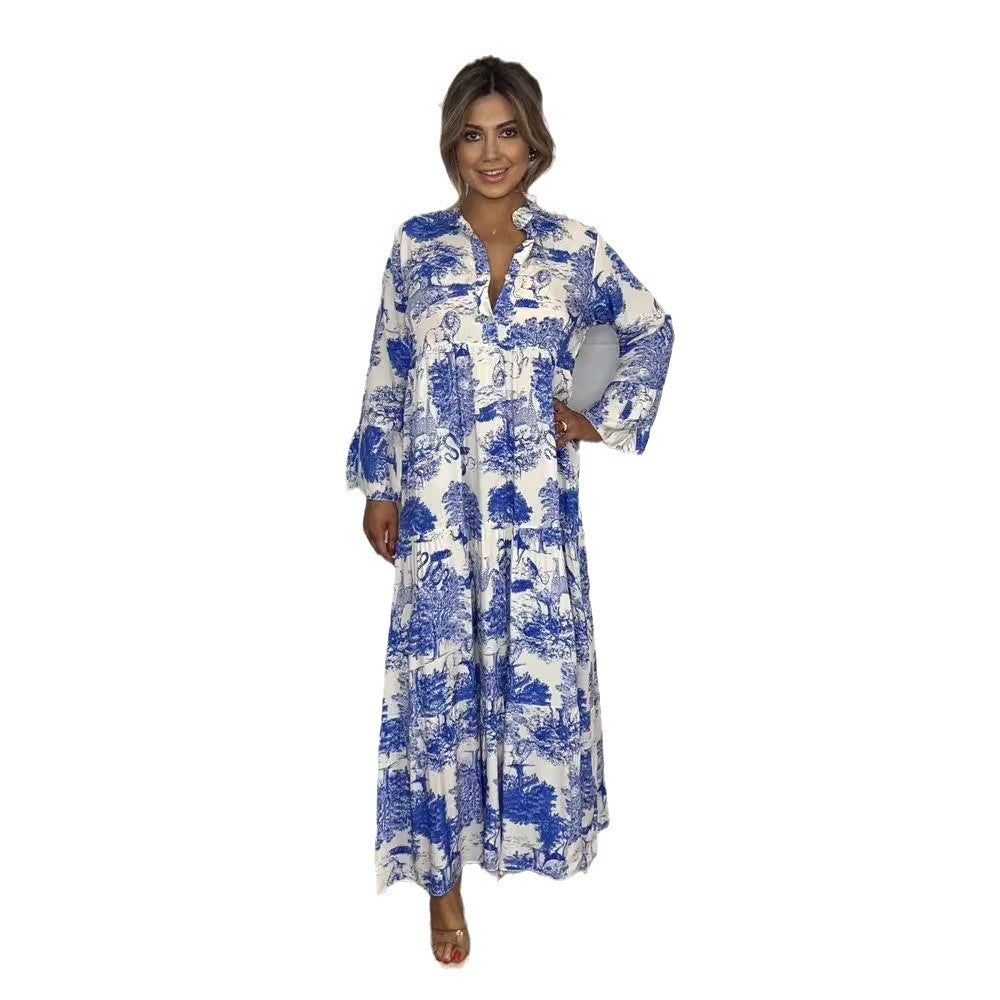 Damen lässiges Maxikleid mit dekorativem Print und langem Ärmel Stalluxe
