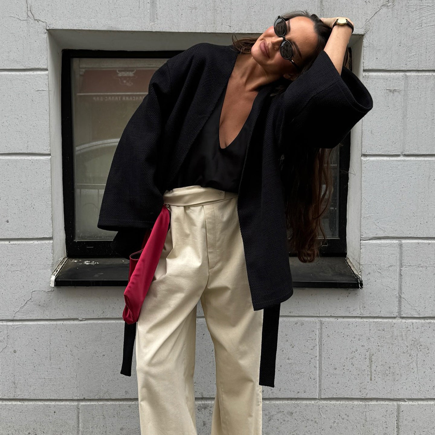 Damen lässige Waffelstoffjacke mit Taillengürtel Stalluxe