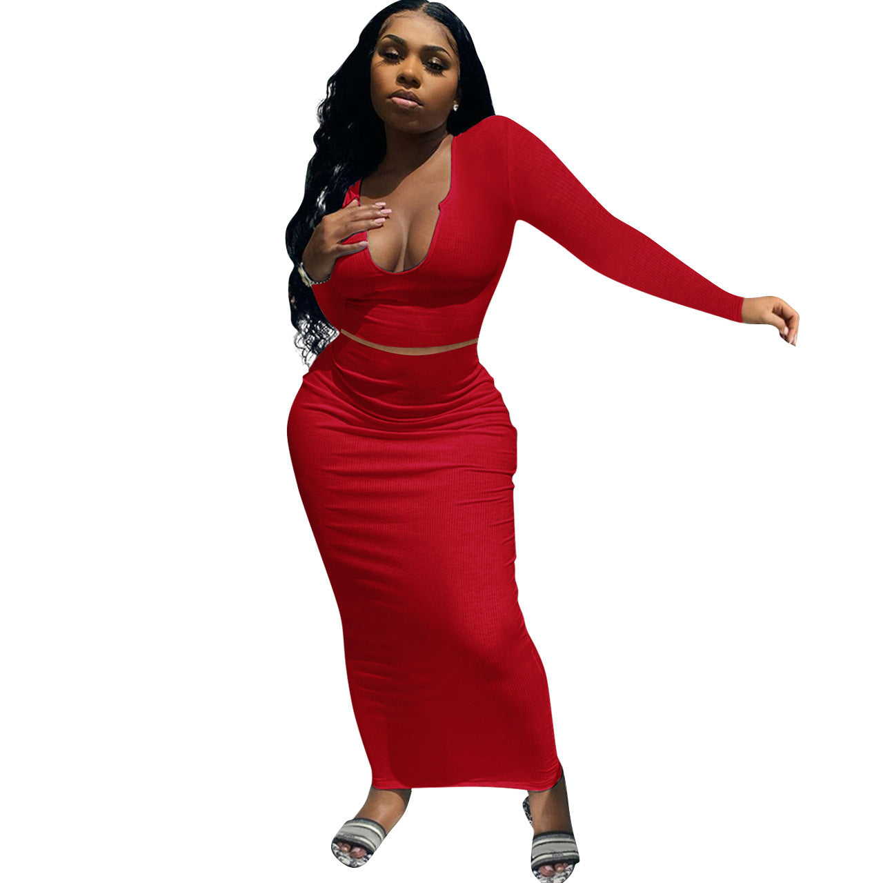 Damen Figurbetontes Maxikleid mit langem Arm und tiefem V-Ausschnitt Stalluxe