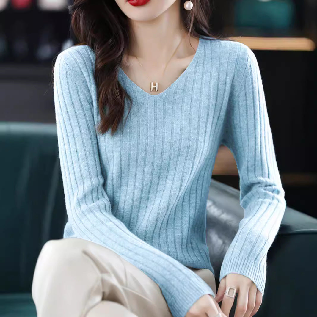 Damen Feines V-Ausschnitt Strickoberteil im Rippdesign Stalluxe