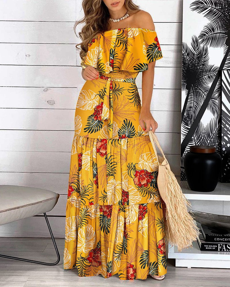 Damen Maxikleid mit schulterfreiem Design und animalischem Muster Stalluxe