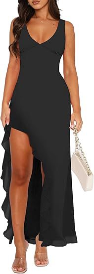 Damen Maxikleid mit asymmetrischem Saum und Rüschendetails Stalluxe