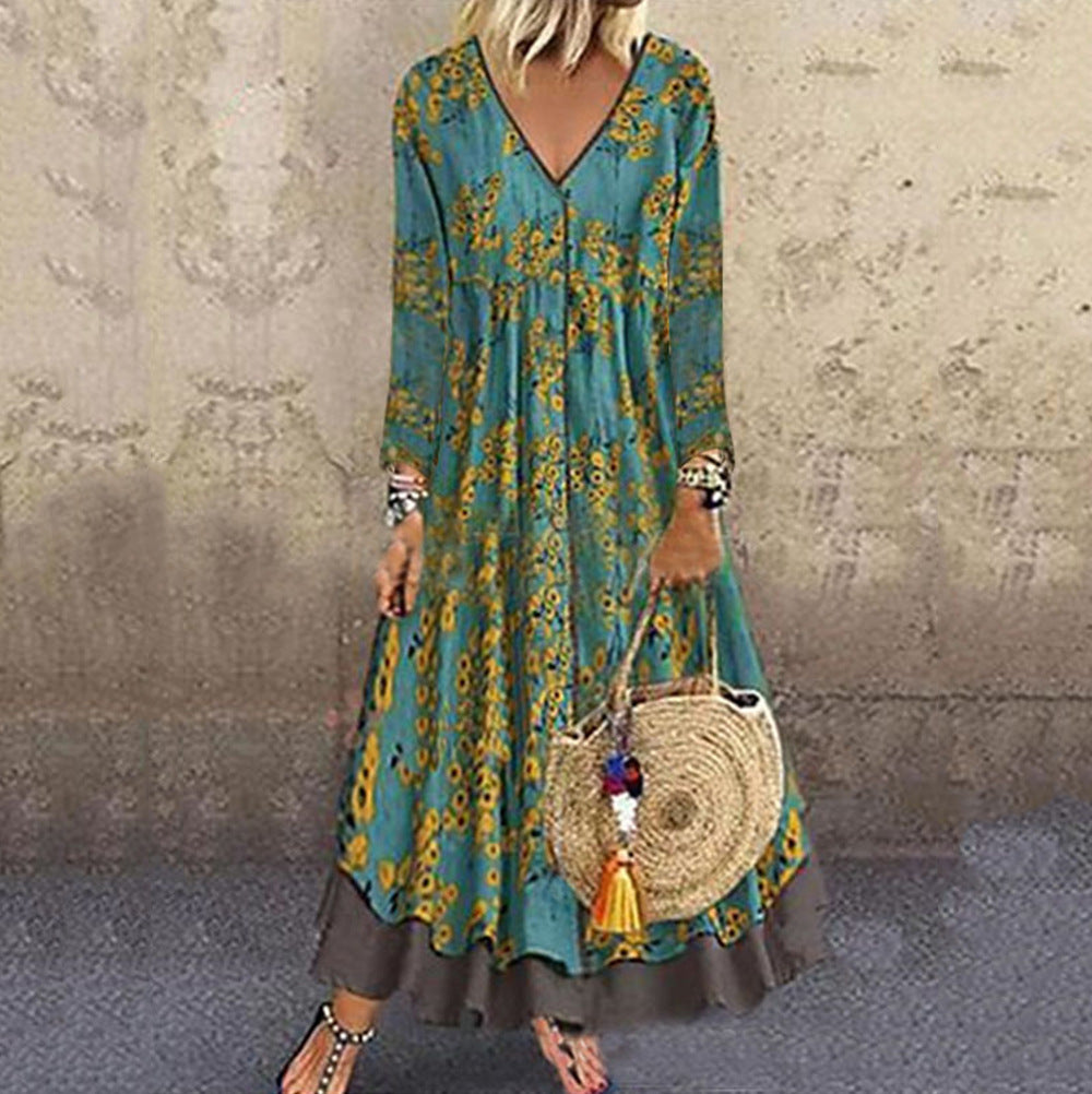 Damen Maxikleid mit V-Ausschnitt und langen Ärmeln Stalluxe